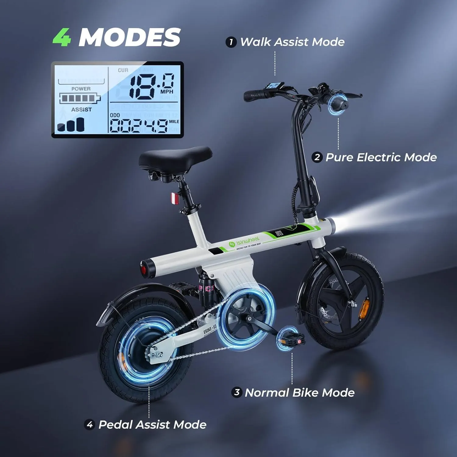 isinwheel U1 Electric Bike, 500W Motor, 20 mph, Folding Ebike, 14"/16"/20" Adults Electric Bicycles, 280.8Wh Battery, 25 Miles PAS Range, Black, Disc Brake, Aluminum Alloy Wheels