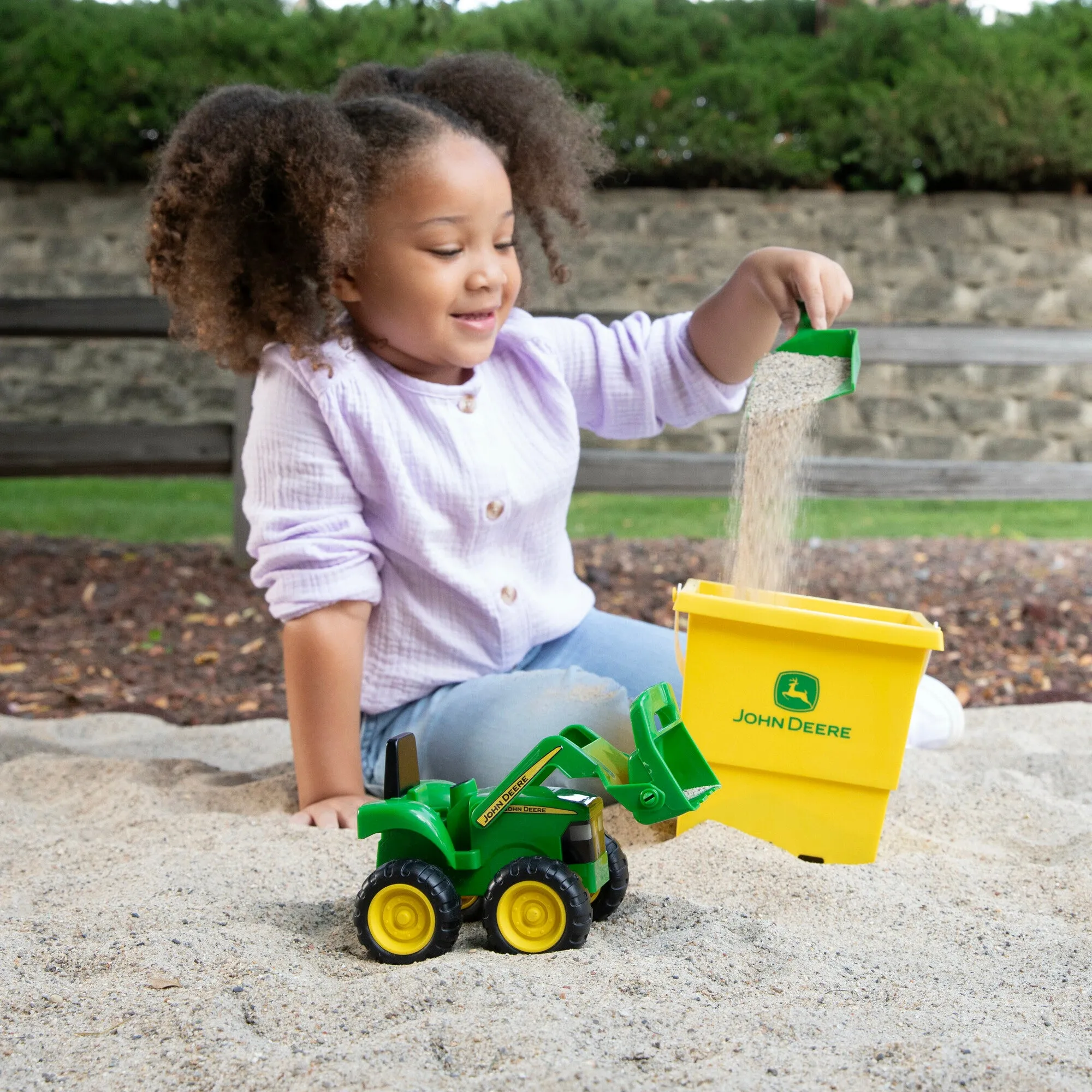John Deere Sand Pit Bucket Set - Yellow 15cm Bucket, Green Tractor & Green Shovel
