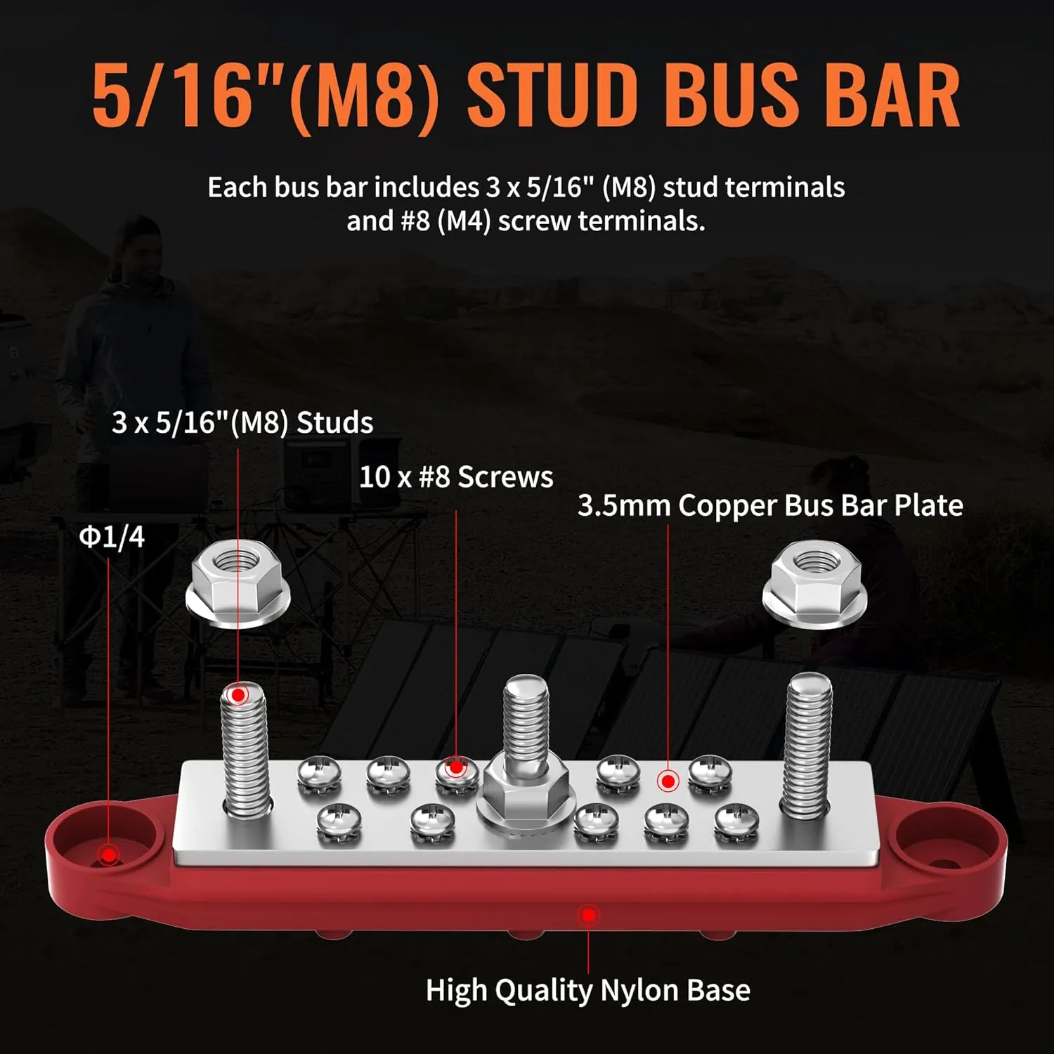 Joinfworld Power Distribution Block Bus Bar 12V 250A with 3 x 5/16"(M8) Studs, Marine Bus Bar Terminal Block 12 Volt DC Battery Busbar with Cover - Negative&Positive