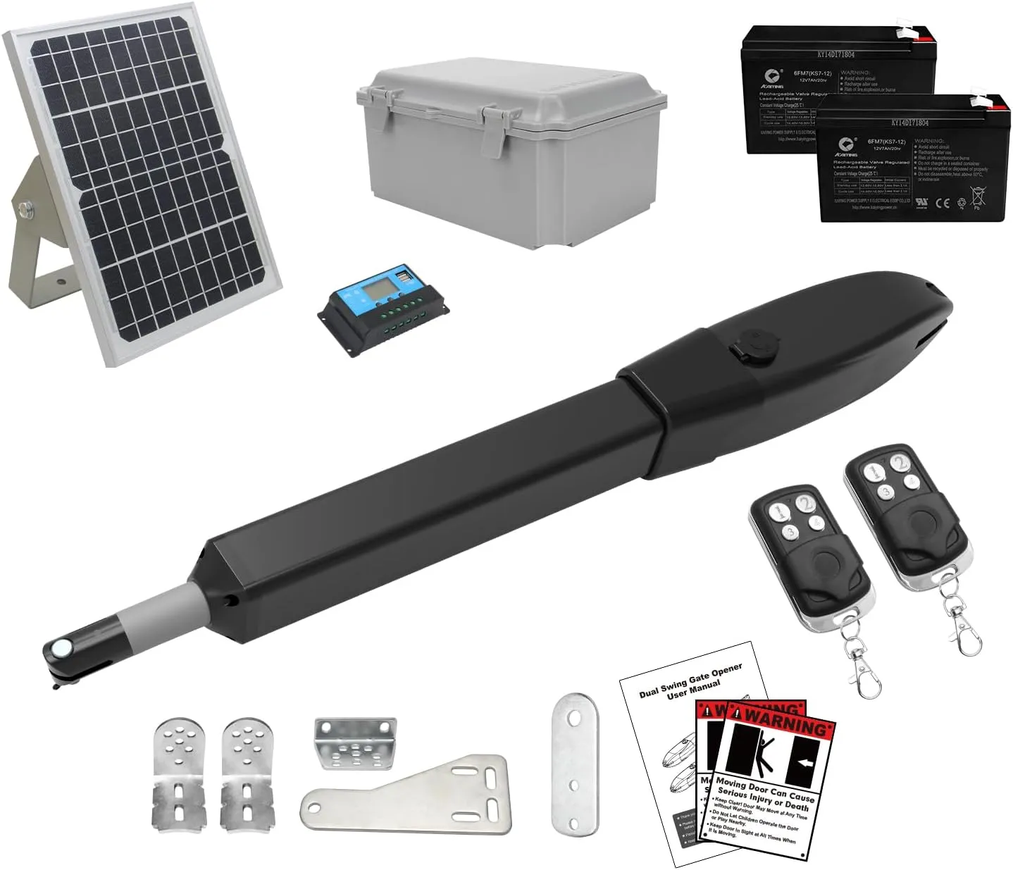 JUJIANG C026 Solar Gate Opener with Batteries & Solar Panel for Single Swing Gates Up to 770lb Automatic Gate Openers with Remote Complete Kit Medium Duty Automatic Gate Openers Solar Powered