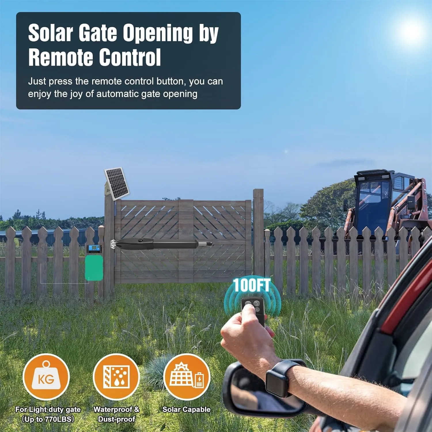 JUJIANG C026 Solar Gate Opener with Batteries & Solar Panel for Single Swing Gates Up to 770lb Automatic Gate Openers with Remote Complete Kit Medium Duty Automatic Gate Openers Solar Powered