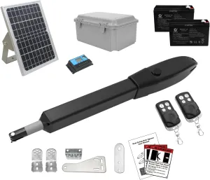 JUJIANG C026 Solar Gate Opener with Batteries & Solar Panel for Single Swing Gates Up to 770lb Automatic Gate Openers with Remote Complete Kit Medium Duty Automatic Gate Openers Solar Powered