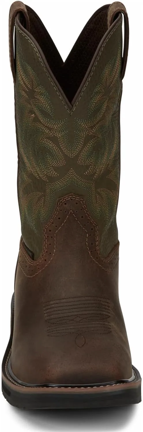 Justin Driller 11" Square Steel Toe Men's Boot, Durable Leather, Slip-Resistant, Comfort Cushioned Insole for Work Safety