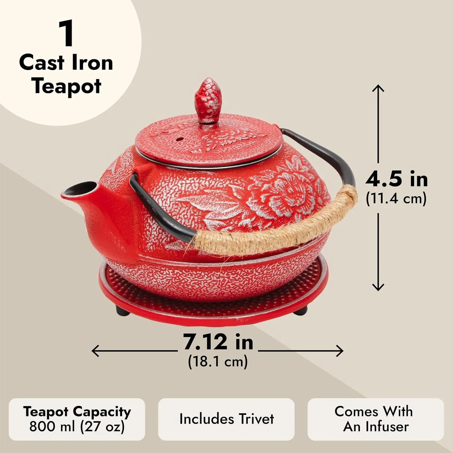 Juvale Cast Iron Teapot with Infuser - Japanese Tea Kettle, Loose Leaf Tetsubin with Handle and Trivet (Red, 3 Pcs, holds 27 oz, 800 ml)