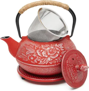 Juvale Cast Iron Teapot with Infuser - Japanese Tea Kettle, Loose Leaf Tetsubin with Handle and Trivet (Red, 3 Pcs, holds 27 oz, 800 ml)