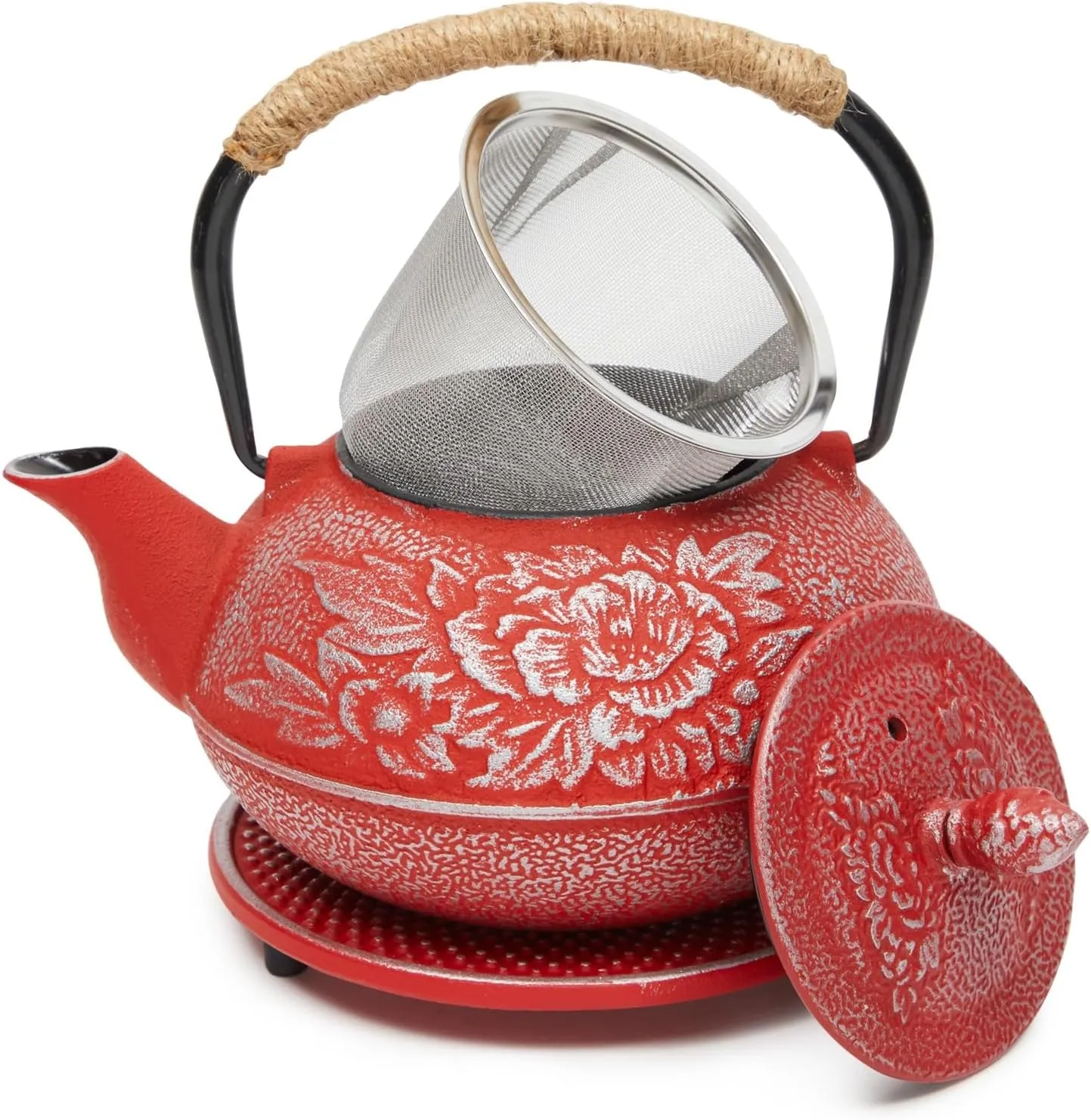 Juvale Cast Iron Teapot with Infuser - Japanese Tea Kettle, Loose Leaf Tetsubin with Handle and Trivet (Red, 3 Pcs, holds 27 oz, 800 ml)