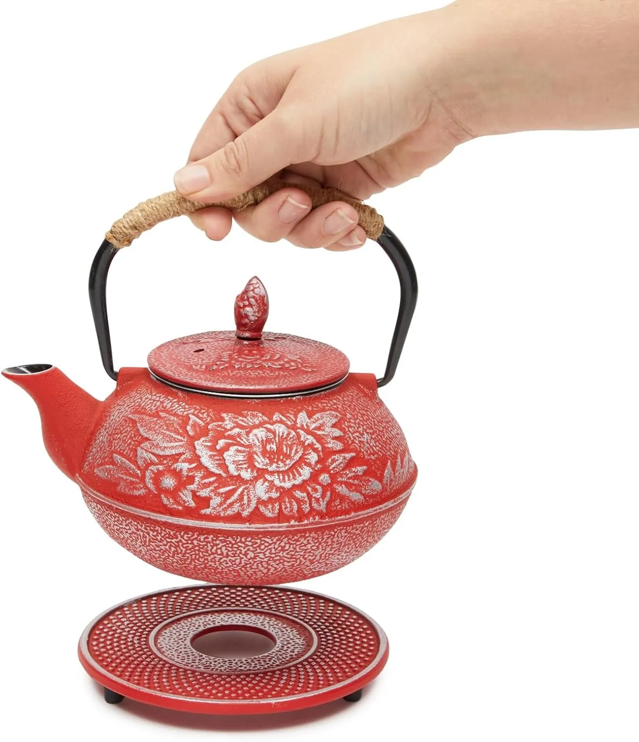 Juvale Cast Iron Teapot with Infuser - Japanese Tea Kettle, Loose Leaf Tetsubin with Handle and Trivet (Red, 3 Pcs, holds 27 oz, 800 ml)
