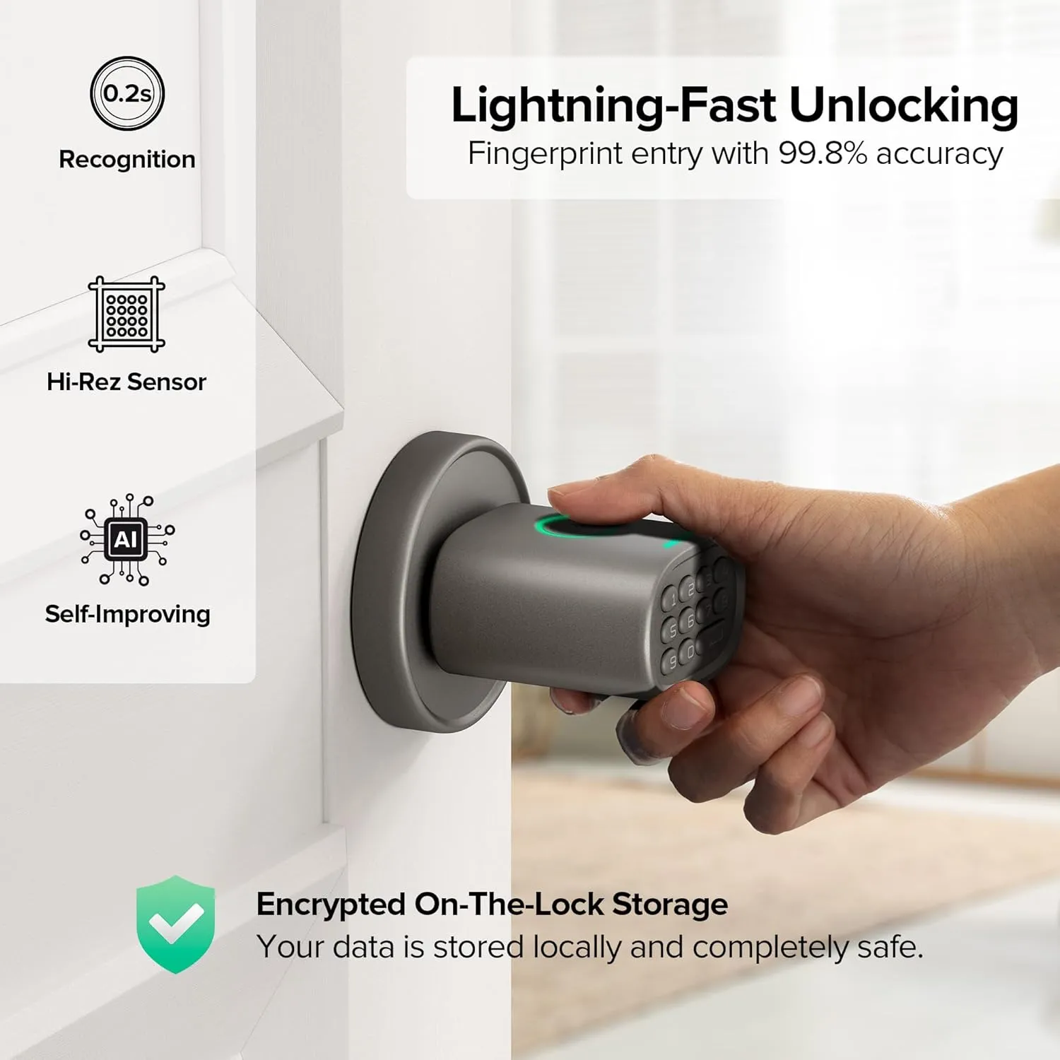 Keyless Entry Door Lock, Fingerprint Door Lock with Keypad Biometric Door Knob, Auto-Lock for Interior Doors Thickness up to 2-1/4", Bedroom, Home Office, Garage, 4xAA Alkaline, MD1 Titanium