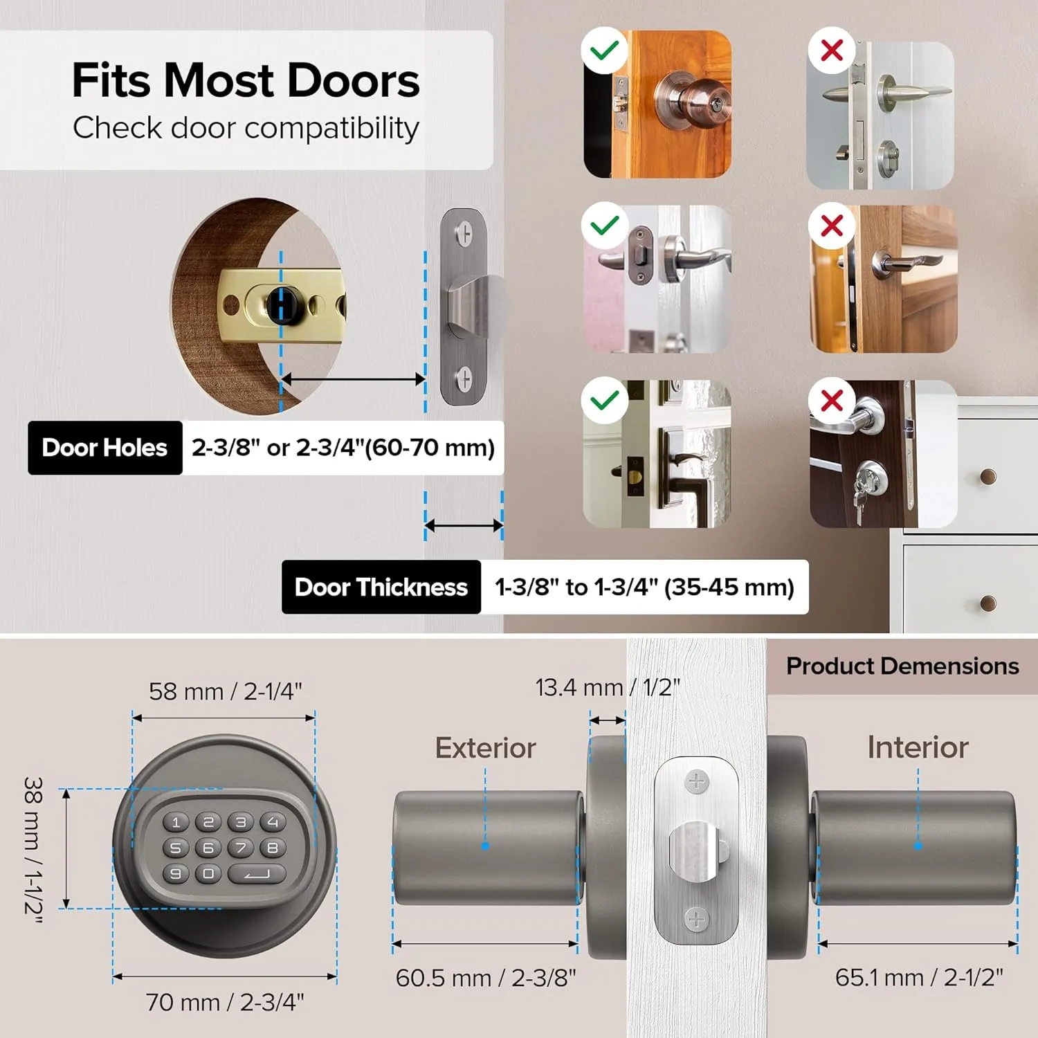 Keyless Entry Door Lock, Fingerprint Door Lock with Keypad Biometric Door Knob, Auto-Lock for Interior Doors Thickness up to 2-1/4", Bedroom, Home Office, Garage, 4xAA Alkaline, MD1 Titanium