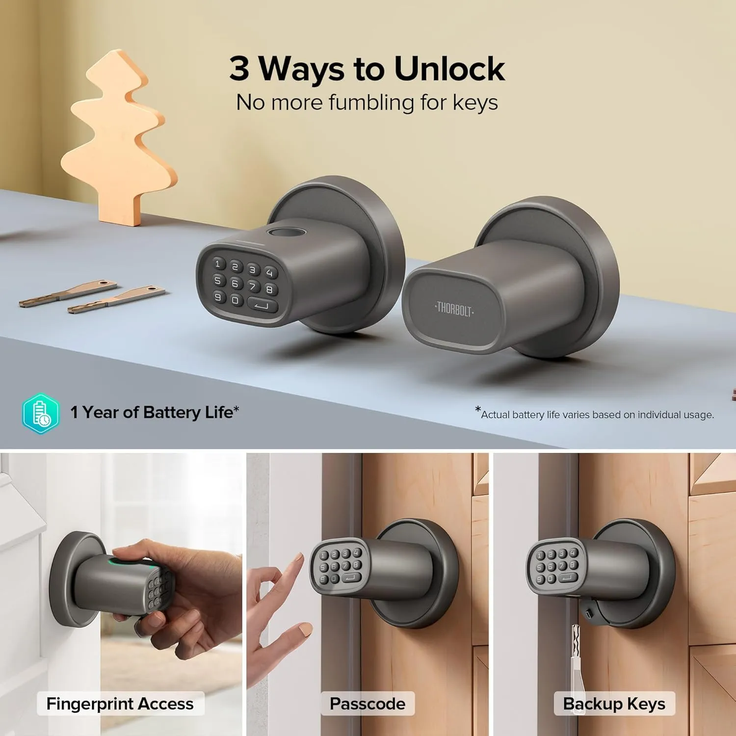 Keyless Entry Door Lock, Fingerprint Door Lock with Keypad Biometric Door Knob, Auto-Lock for Interior Doors Thickness up to 2-1/4", Bedroom, Home Office, Garage, 4xAA Alkaline, MD1 Titanium