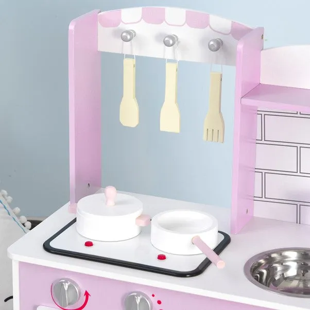 Kids Montessori Inspired Wooden Toy Kitchen with Realistic Sounds & Accessories | Candy Pink & White