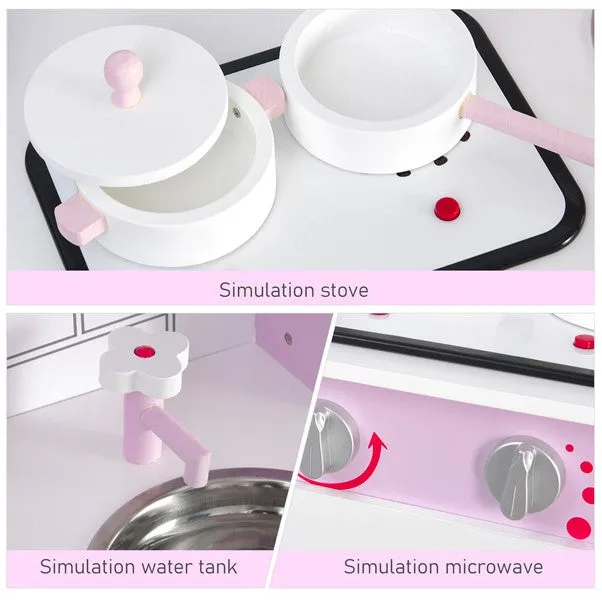 Kids Montessori Inspired Wooden Toy Kitchen with Realistic Sounds & Accessories | Candy Pink & White