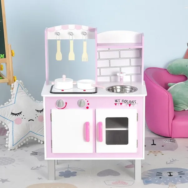 Kids Montessori Inspired Wooden Toy Kitchen with Realistic Sounds & Accessories | Candy Pink & White