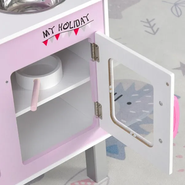 Kids Montessori Inspired Wooden Toy Kitchen with Realistic Sounds & Accessories | Candy Pink & White