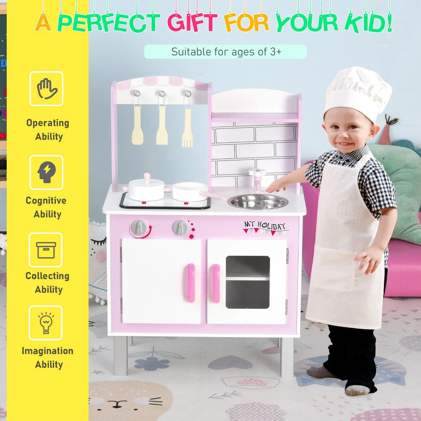 Kids Montessori Inspired Wooden Toy Kitchen with Realistic Sounds & Accessories | Candy Pink & White