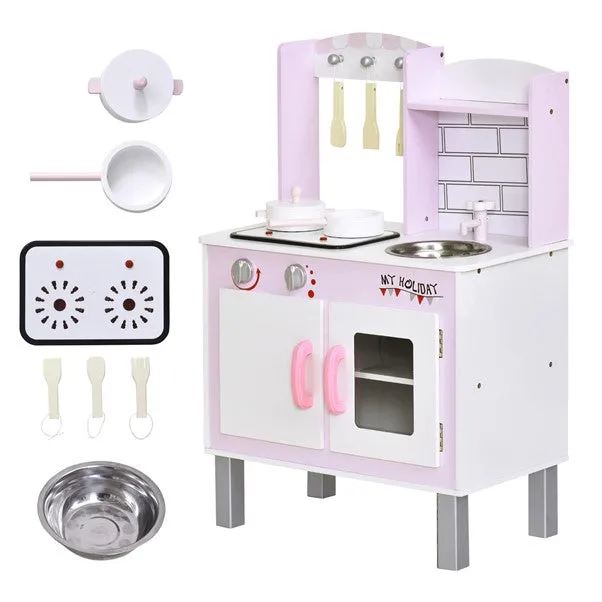 Kids Montessori Inspired Wooden Toy Kitchen with Realistic Sounds & Accessories | Candy Pink & White