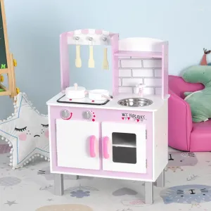 Kids Montessori Inspired Wooden Toy Kitchen with Realistic Sounds & Accessories | Candy Pink & White