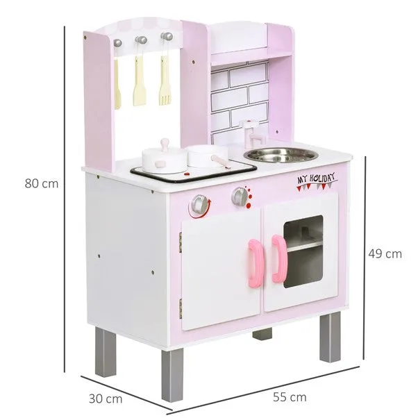 Kids Montessori Inspired Wooden Toy Kitchen with Realistic Sounds & Accessories | Candy Pink & White