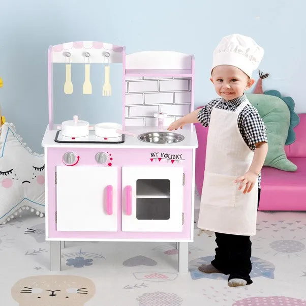 Kids Montessori Inspired Wooden Toy Kitchen with Realistic Sounds & Accessories | Candy Pink & White