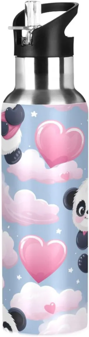 Kigai Cute Panda Insulated Water Bottle with Straw Lid BPA-Free 20 oz Double Wall Vacuum Stainless Steel Leakproof Sports Water Bottle for Travel Fitness Gym