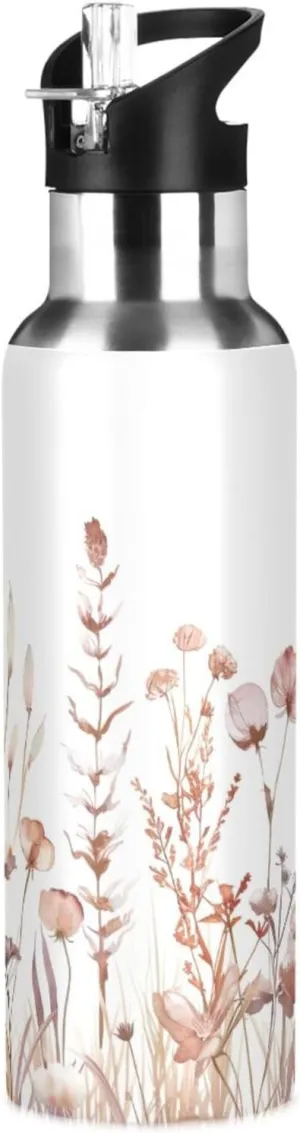 Kigai Vintage Flower Insulated Water Bottle with Straw Lid BPA-Free 20 oz Double Wall Vacuum Stainless Steel Leakproof Sports Water Bottle for Travel Fitness Gym