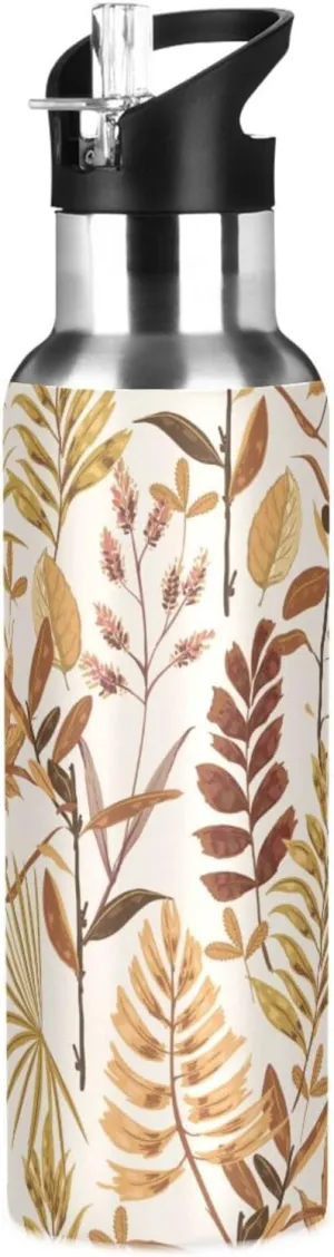 Kigai Vintage Leaves Insulated Water Bottle with Straw Lid BPA-Free 20 oz Double Wall Vacuum Stainless Steel Leakproof Sports Water Bottle for Travel Fitness Gym