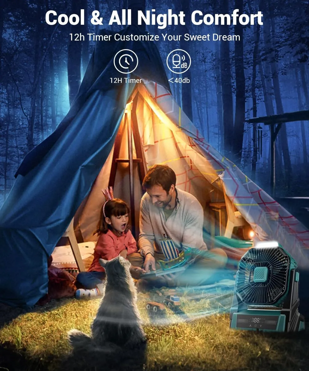 KopBeau Portable Camping Fan with Lights, 20000mAh Rechargeable Battery Operated Fan, Battery Powered Outdoor Beach Tent with 3 Speeds & Hook, Personal USB Table for Camping Accessories Blue