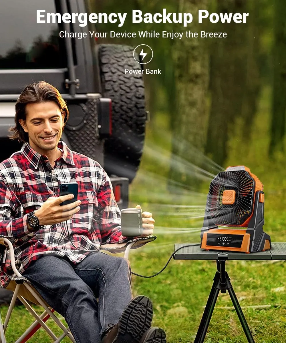 KopBeau Portable Camping Fan with Lights, 20000mAh Rechargeable Battery Operated Fan, Battery Powered Outdoor Beach Tent with 3 Speeds & Hook, Personal USB Table for Camping Accessories Orange