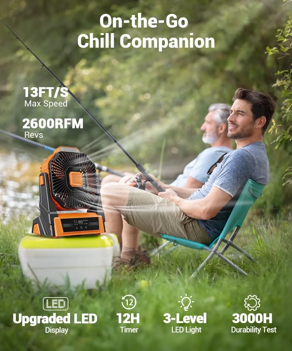 KopBeau Portable Camping Fan with Lights, 20000mAh Rechargeable Battery Operated Fan, Battery Powered Outdoor Beach Tent with 3 Speeds & Hook, Personal USB Table for Camping Accessories Orange