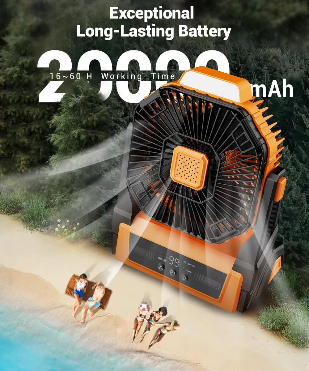 KopBeau Portable Camping Fan with Lights, 20000mAh Rechargeable Battery Operated Fan, Battery Powered Outdoor Beach Tent with 3 Speeds & Hook, Personal USB Table for Camping Accessories Orange