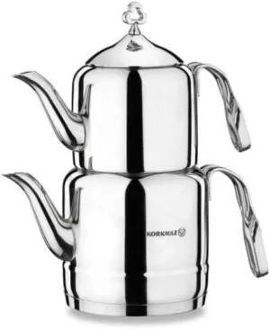 Korkmaz A211 Cintemani Turkish Teapot Set for Stovetop, 18/10 Stainless Steel Double Tea Maker with Heat Resistant Handles, Samovar Style Tea Kettle with 37.2 Oz (1100 ml) & 67.7 Oz (2000ml)