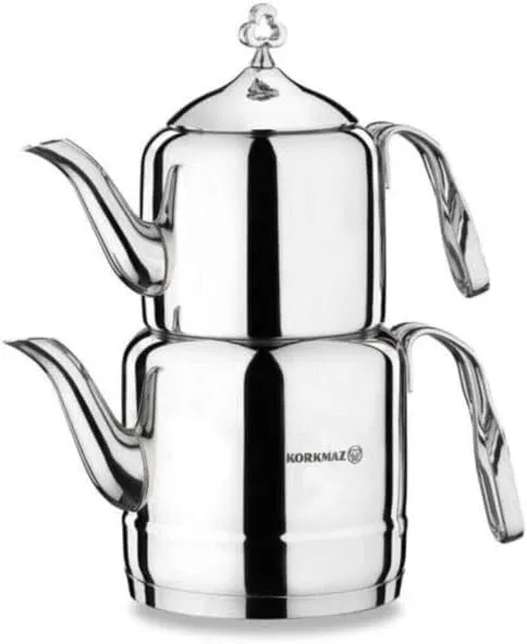 Korkmaz A211 Cintemani Turkish Teapot Set for Stovetop, 18/10 Stainless Steel Double Tea Maker with Heat Resistant Handles, Samovar Style Tea Kettle with 37.2 Oz (1100 ml) & 67.7 Oz (2000ml)