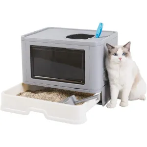 Large Foldable Cat Litter Box with Lid Kitty Potty Top Entry Anti-Splashing Cat Supplies with Pet Plastic Scoop Top Compartment