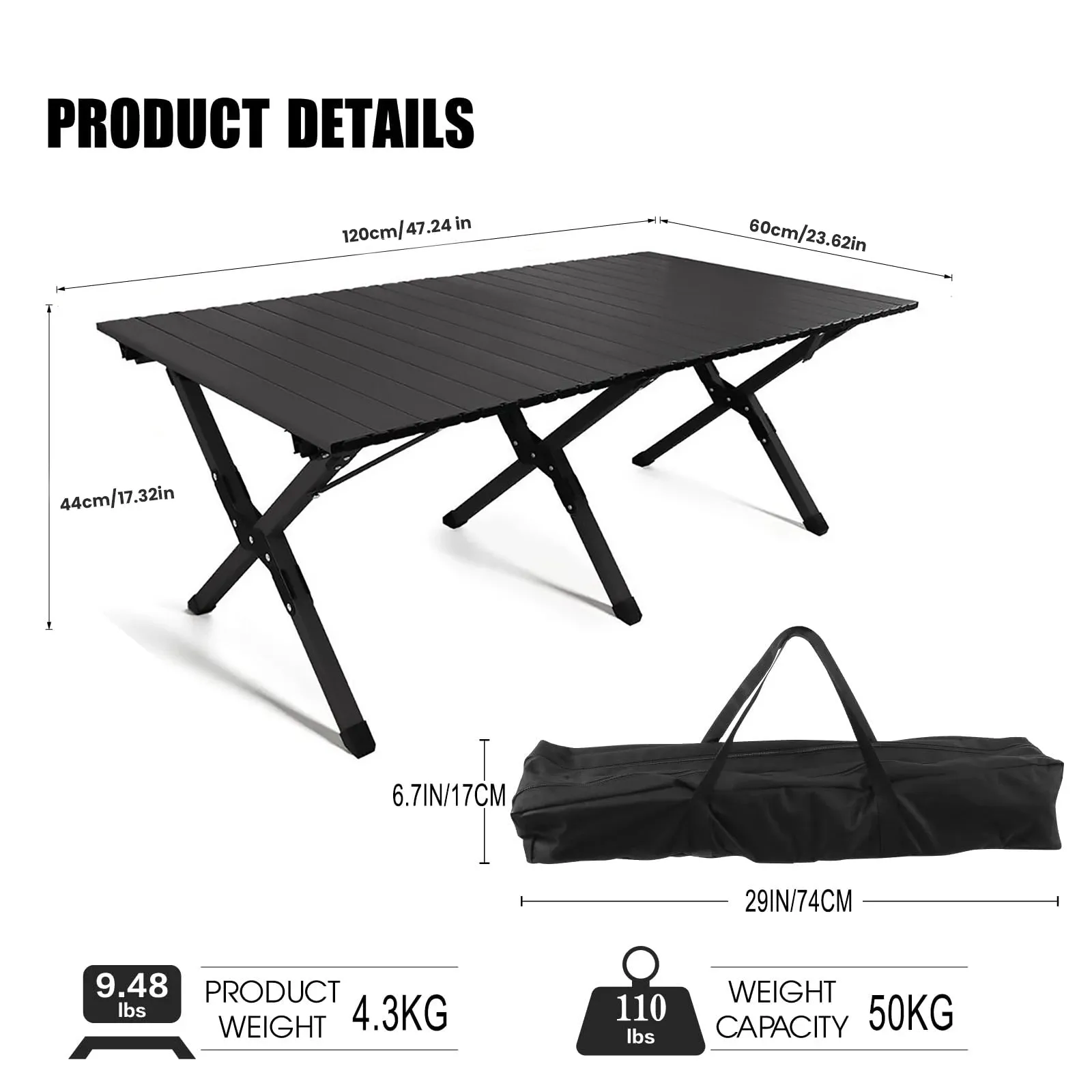 Large Folding Picnic Table Portable Lightweight Camping Table Foldable Roll Up Carbon Steel Camping Table with Carrying Bag