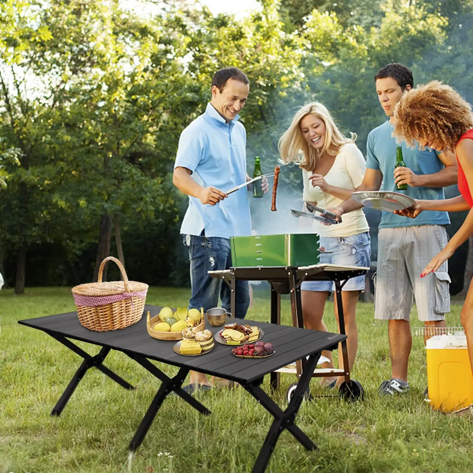Large Folding Picnic Table Portable Lightweight Camping Table Foldable Roll Up Carbon Steel Camping Table with Carrying Bag