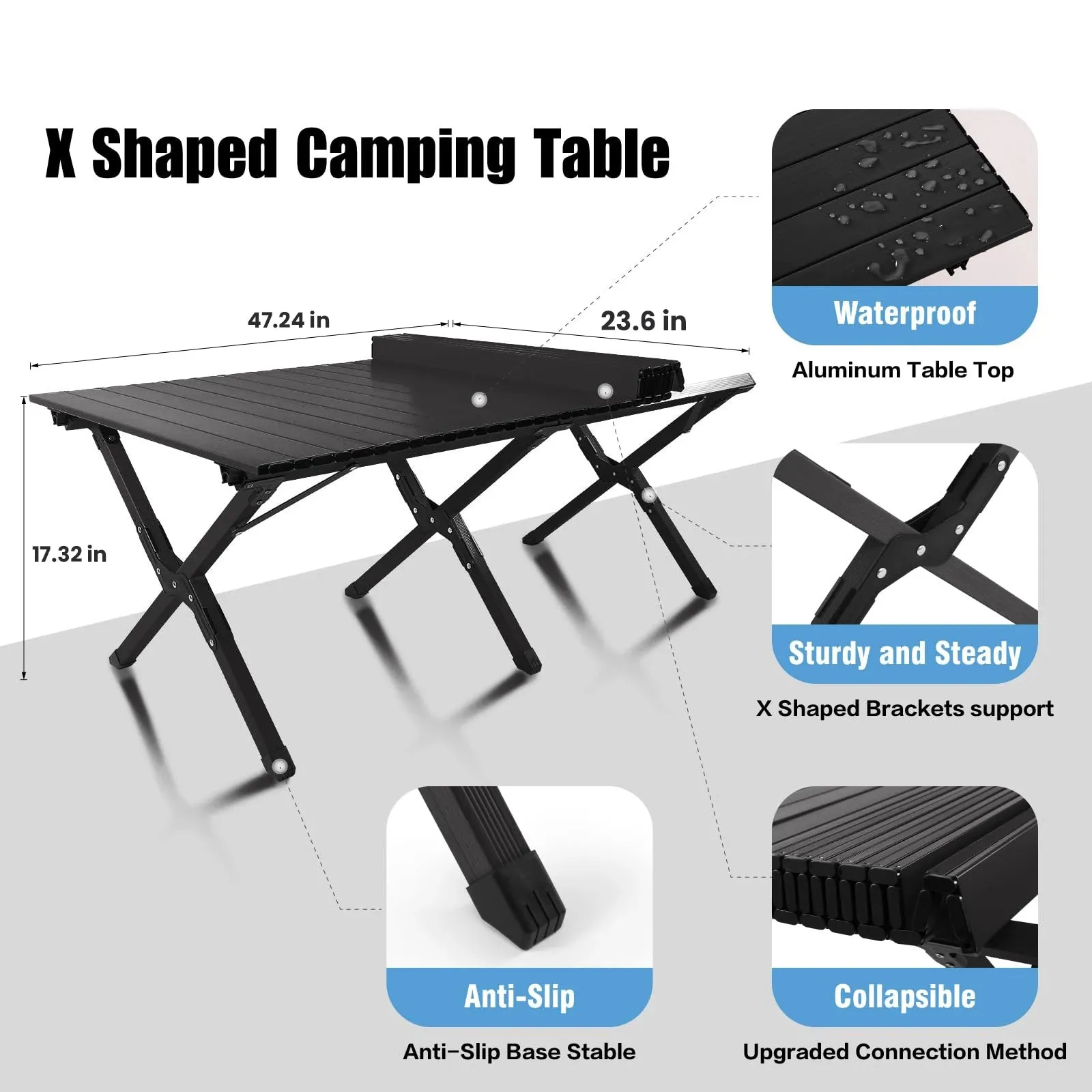 Large Folding Picnic Table Portable Lightweight Camping Table Foldable Roll Up Carbon Steel Camping Table with Carrying Bag