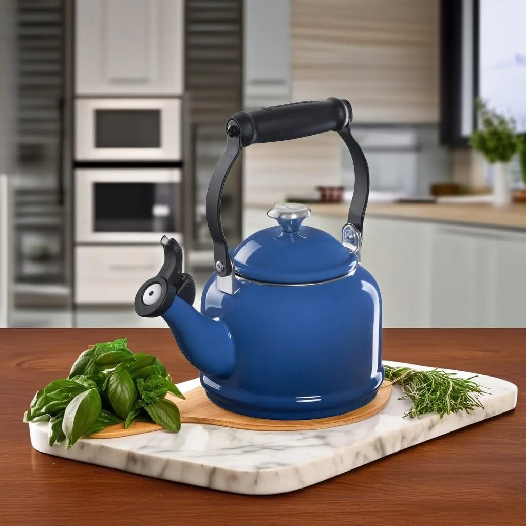 Le Creuset Enamel On Steel Demi Tea Kettle with Metal Finishes, 1.25 qt, Marseille