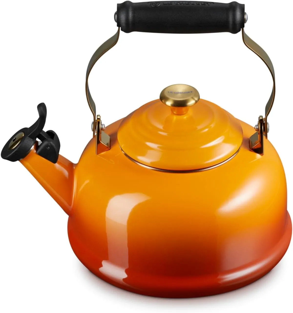Le Creuset Enamel on Steel Whistling Tea Kettle with Gold Finishes, 1.7 qt., Persimmon