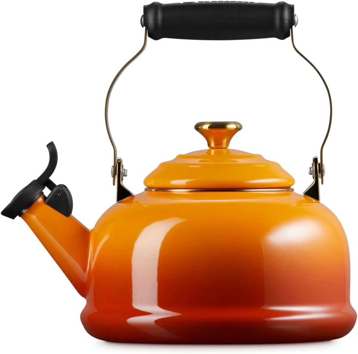 Le Creuset Enamel on Steel Whistling Tea Kettle with Gold Finishes, 1.7 qt., Persimmon