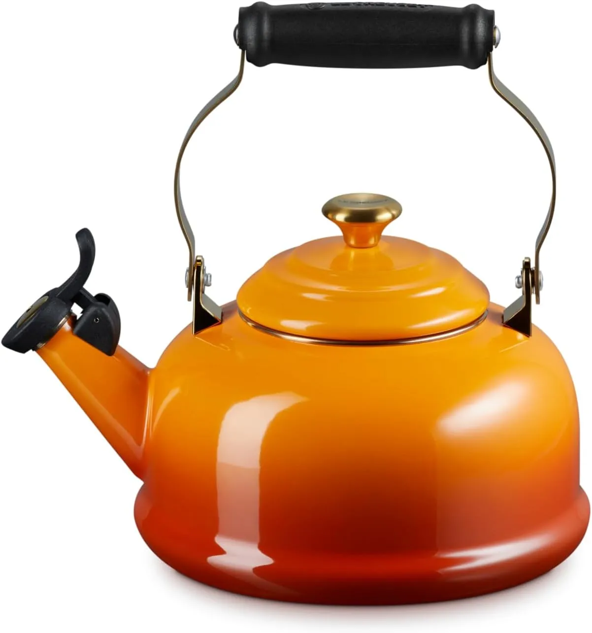 Le Creuset Enamel on Steel Whistling Tea Kettle with Gold Finishes, 1.7 qt., Persimmon