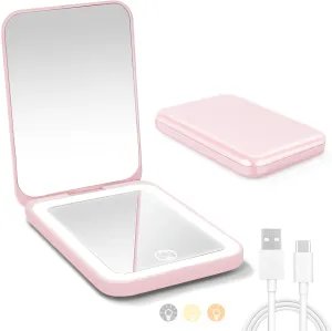 LED Compact Mirror with Light, Double Sided 1X/2X Magnification, 3 Color Dimmable Lights, USB Rechargeable, Portable Travel Makeup Mirror for Purse, for Women