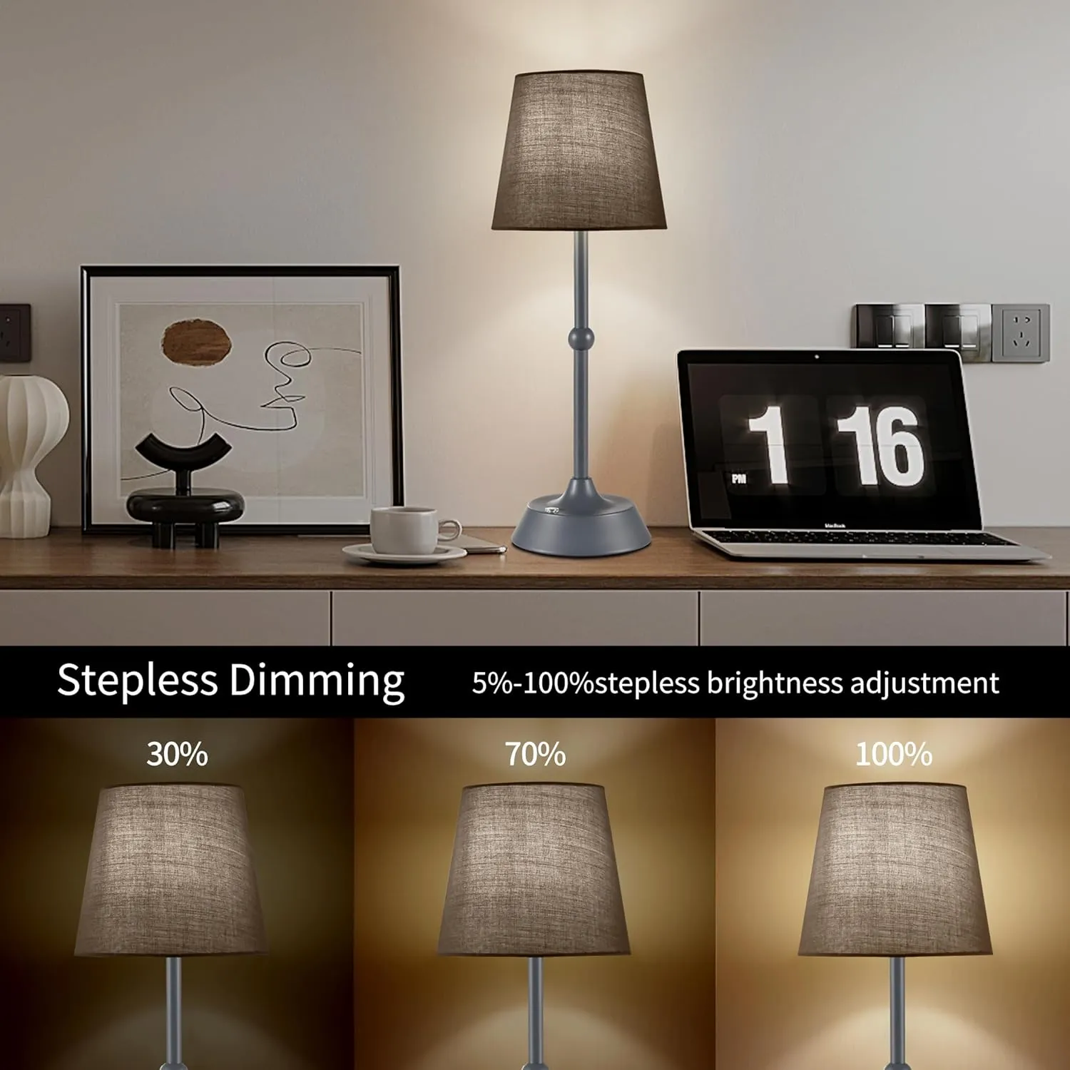 LED Cordless Table Lamp,Rechargeable 6000mA Battery Operated Portable Grey Desk Lamp,Dimmable Touch Control Table Lamp,for Restaurant/Patio/Outdoor.(LED Bulb Included)