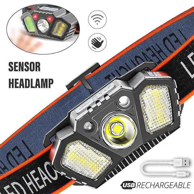 LED Headlamp USB Rechargeable Sensor Super Bright Headlight Head Mounted Fishing Light Multiple Lighting Modes