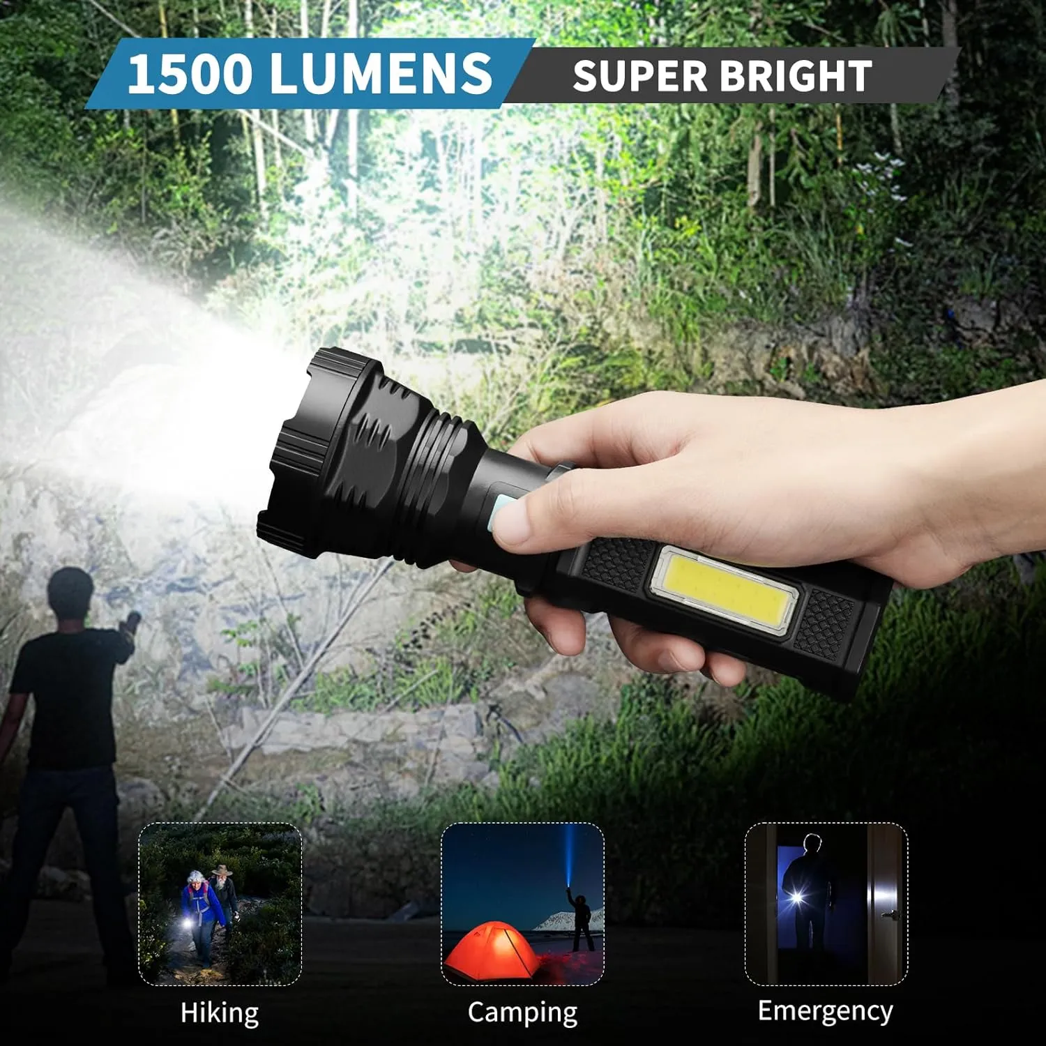 Led Solar Flashlight, 1500 Lumens Led Solar Handheld Rechargeable Flashlights with IP65 Waterproof, 2000mAh Battery for Survival Emergencies Camping (2 Packs)