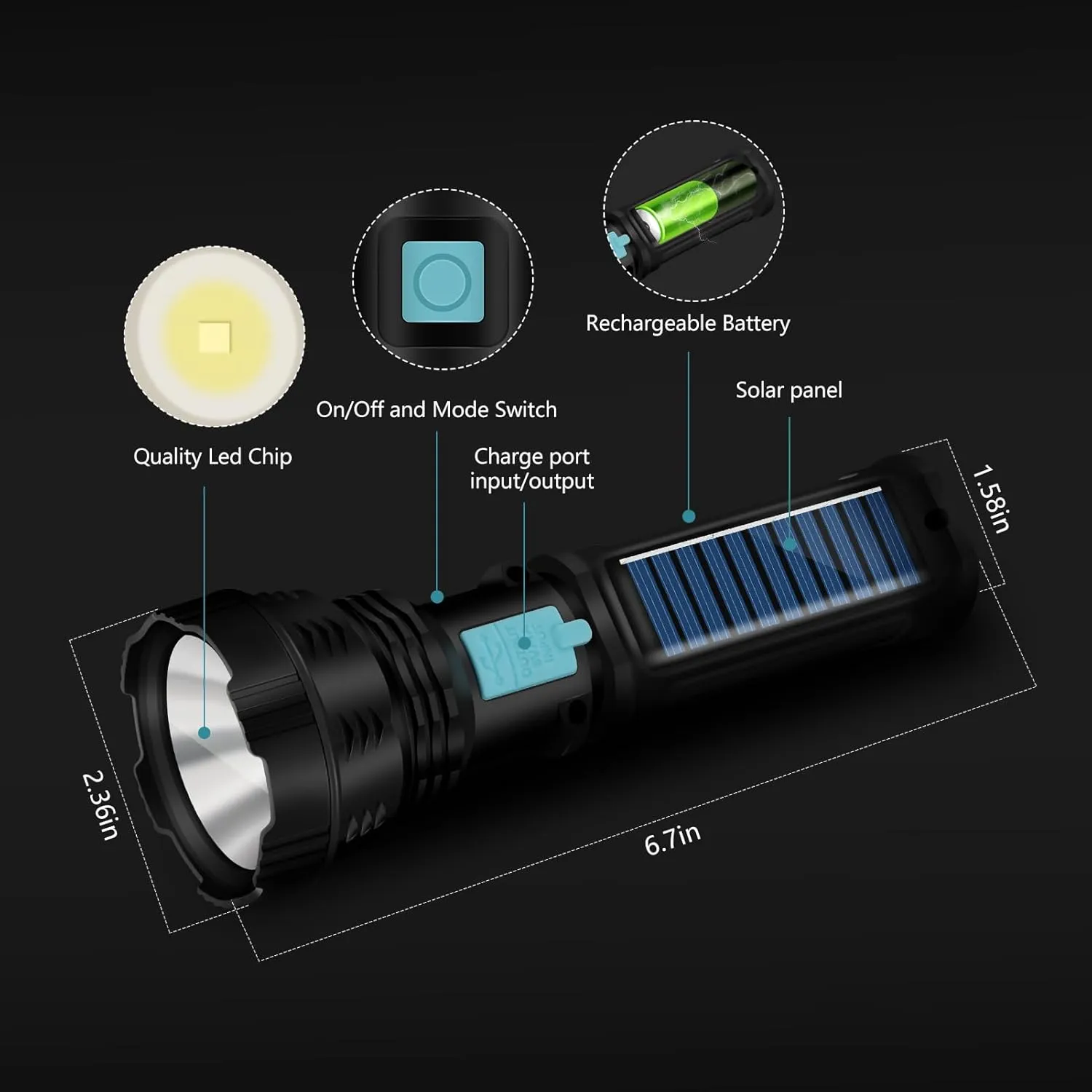 Led Solar Flashlight, 1500 Lumens Led Solar Handheld Rechargeable Flashlights with IP65 Waterproof, 2000mAh Battery for Survival Emergencies Camping (2 Packs)