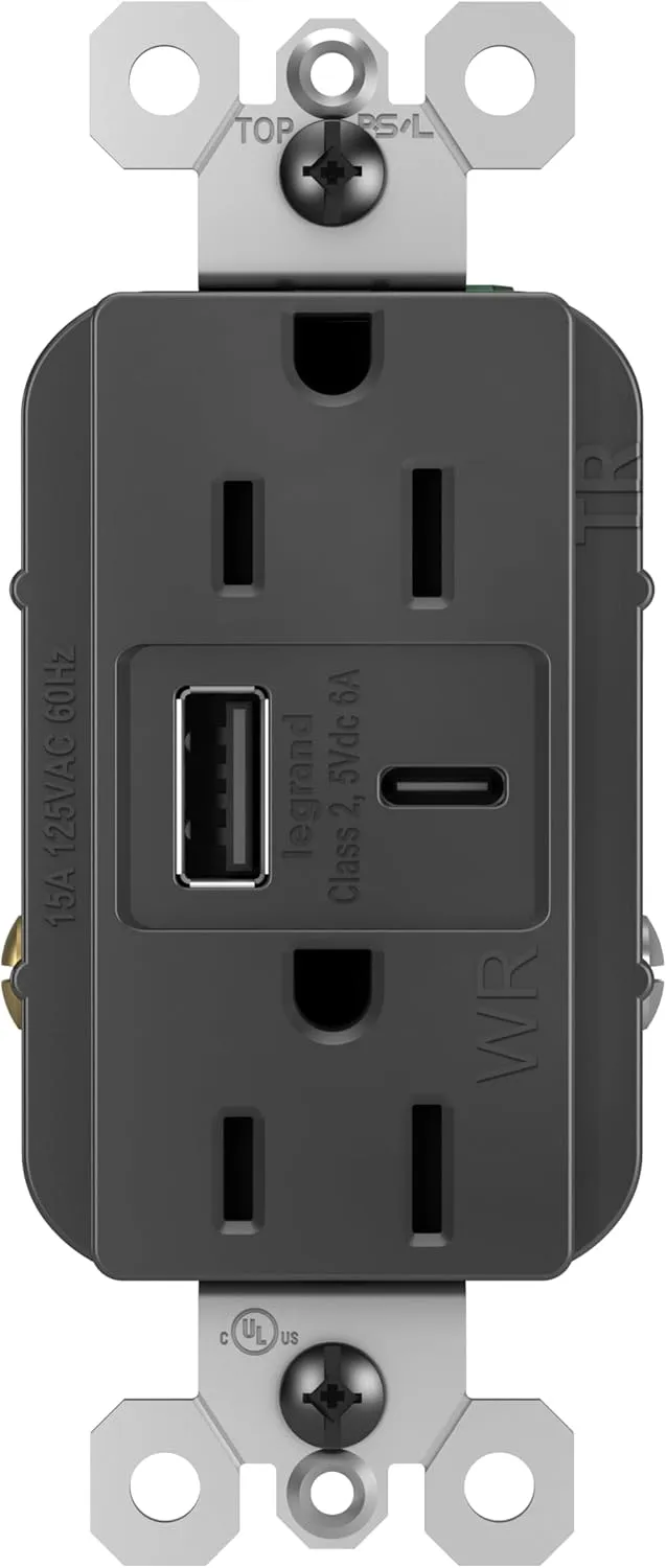 Legrand Pass & Seymour Radiant 15 Amp Weather-Resistant Wall Power Outlet with 2.0 Amp Ultra-Fast USB Charger, Black