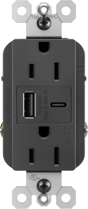 Legrand Pass & Seymour Radiant 15 Amp Weather-Resistant Wall Power Outlet with 2.0 Amp Ultra-Fast USB Charger, Black