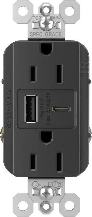 Legrand Pass & Seymour TR15USBAC6BK 15 Amp Tamper-Resistant Heavy-Duty Specification Grade Decorator Duplex Receptacle Outlet with Ultra Fast USB A/C 6.0A Charging Ports, Black (1 Count)