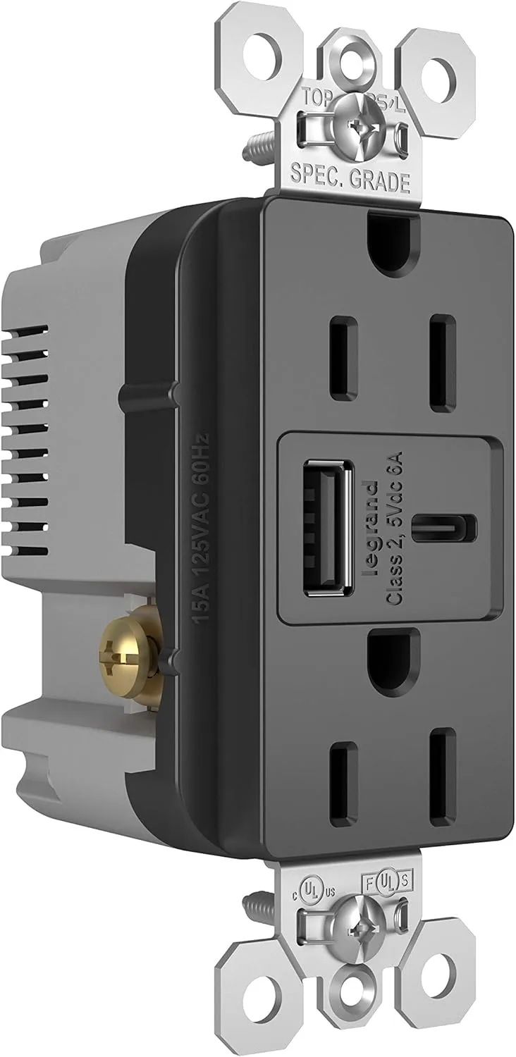 Legrand Pass & Seymour TR15USBAC6BK 15 Amp Tamper-Resistant Heavy-Duty Specification Grade Decorator Duplex Receptacle Outlet with Ultra Fast USB A/C 6.0A Charging Ports, Black (1 Count)