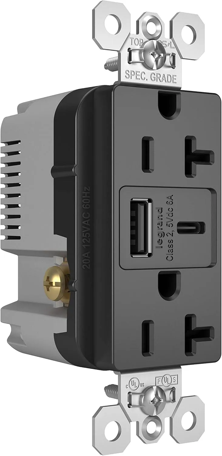 Legrand Pass & Seymour TR20USBAC6BK 20 Amp Tamper-Resistant Heavy-Duty Specification Grade Decorator Duplex Receptacle Outlet with Ultra Fast USB A/C 6.0A Charging Ports, Black (1 Count)